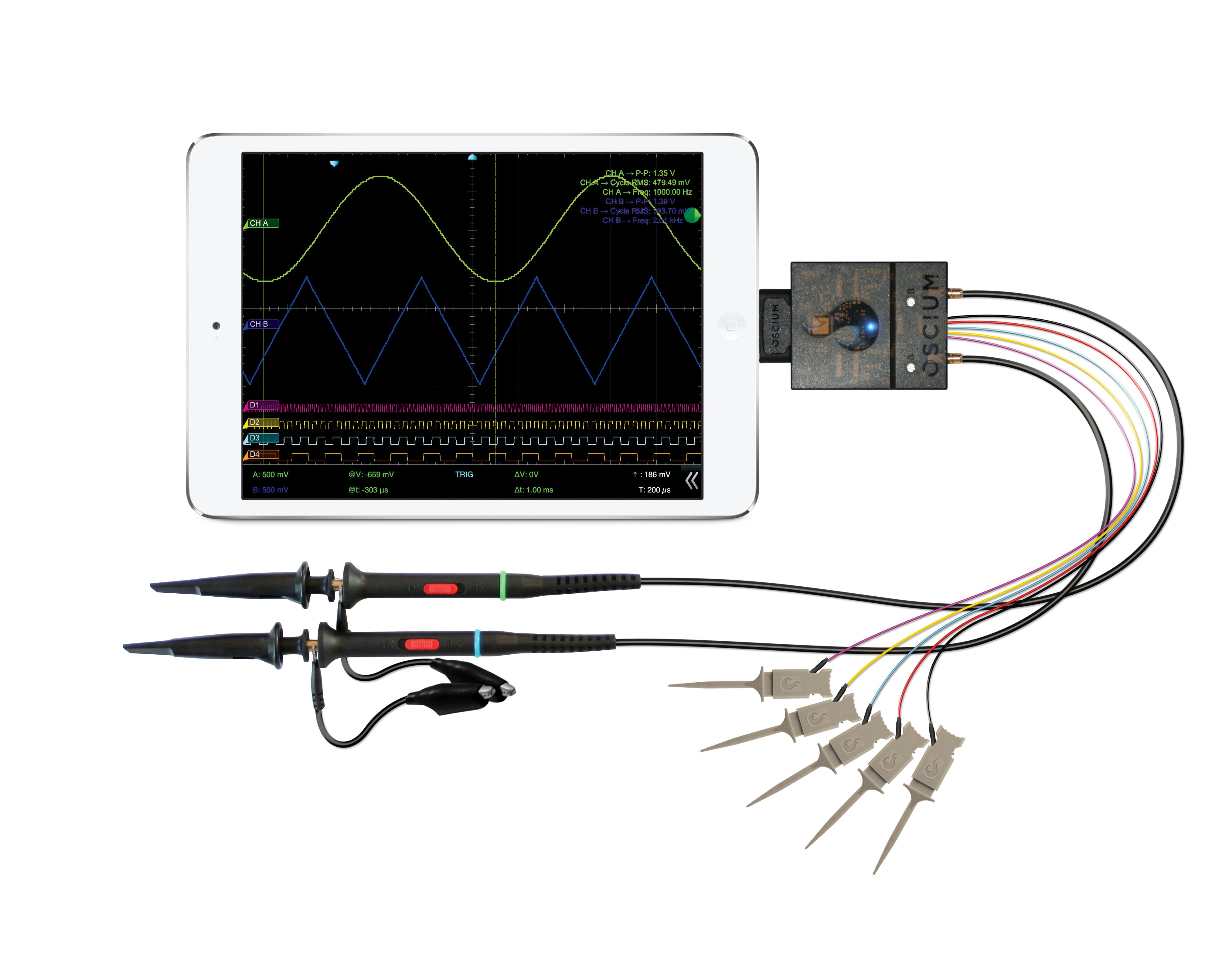 Dual analog iOS oscilloscope comes with Lightning connector